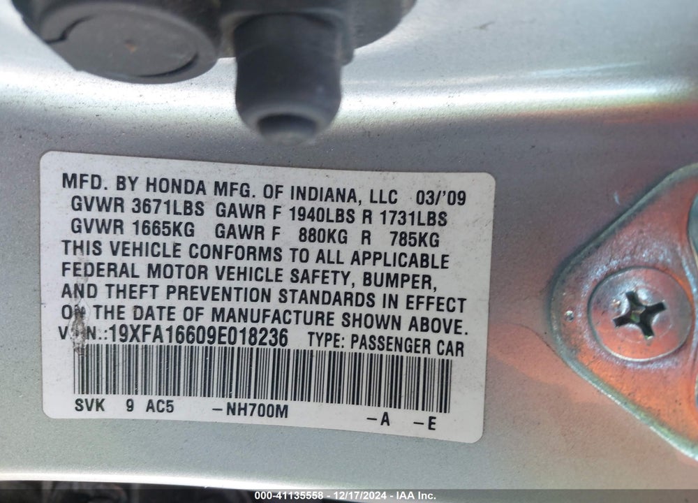 2009 HONDA CIVIC LX-S VIN: 19XFA16609E018236