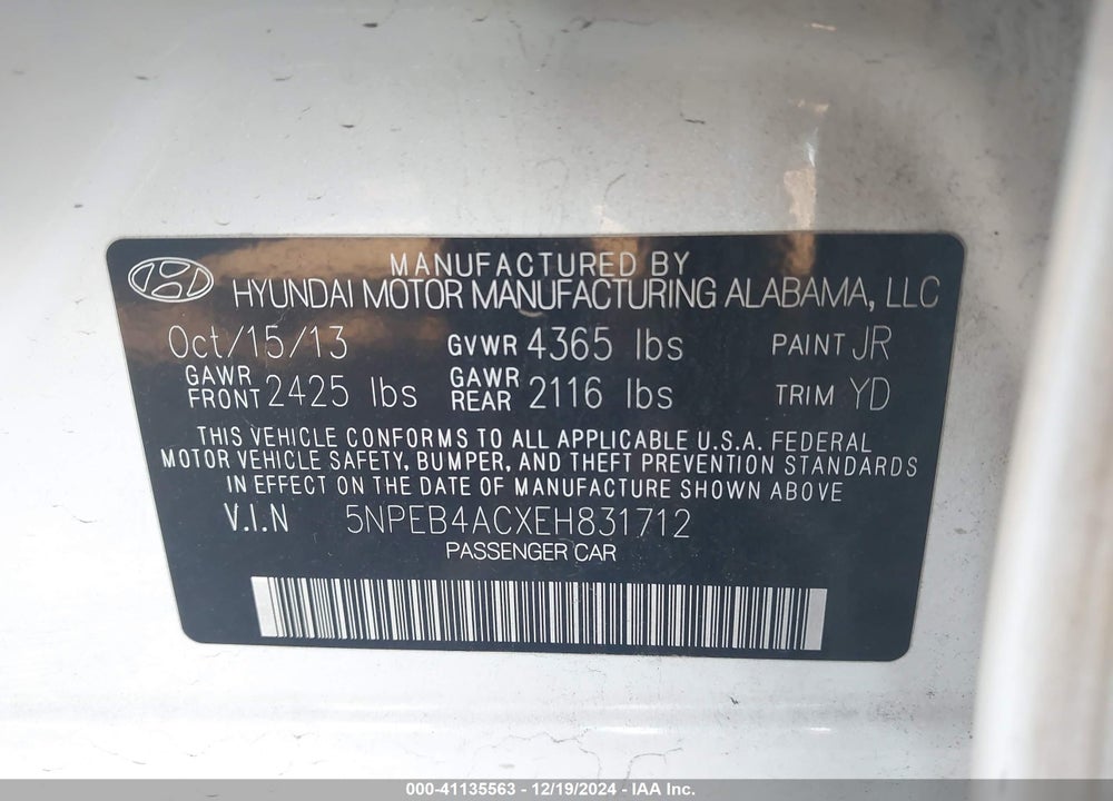 2014 HYUNDAI SONATA VIN: 5NPEB4ACXEH831712