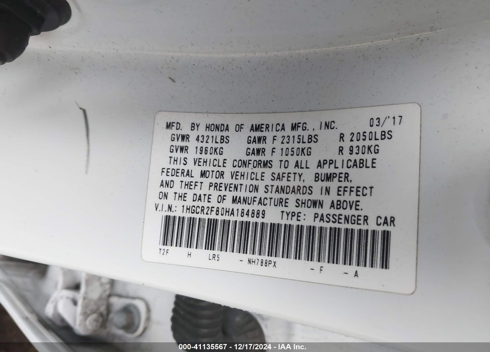 2017 HONDA ACCORD EX-L VIN: 1HGCR2F80HA184889