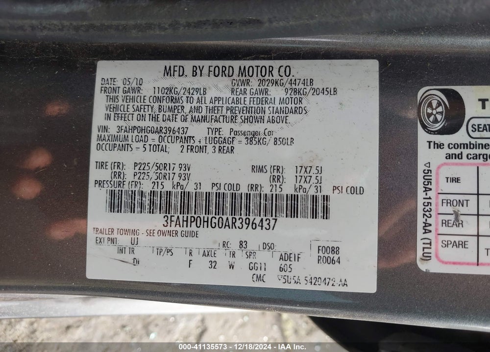 2010 FORD FUSION SE VIN: 3FAHP0HG0AR396437