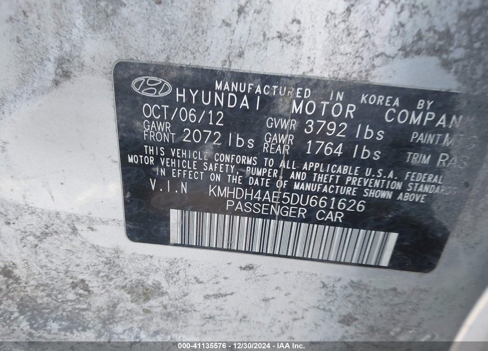 2013 HYUNDAI ELANTRA GLS VIN: KMHDH4AE5DU661626