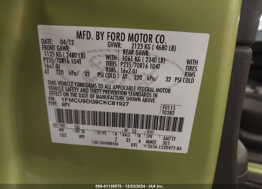 2012 FORD ESCAPE XLT VIN: 1FMCU9DG9CKC81927