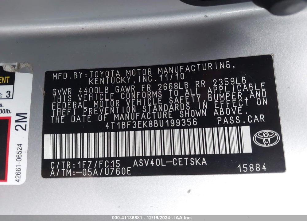 2011 TOYOTA CAMRY SE VIN: 4T1BF3EK8BU199356