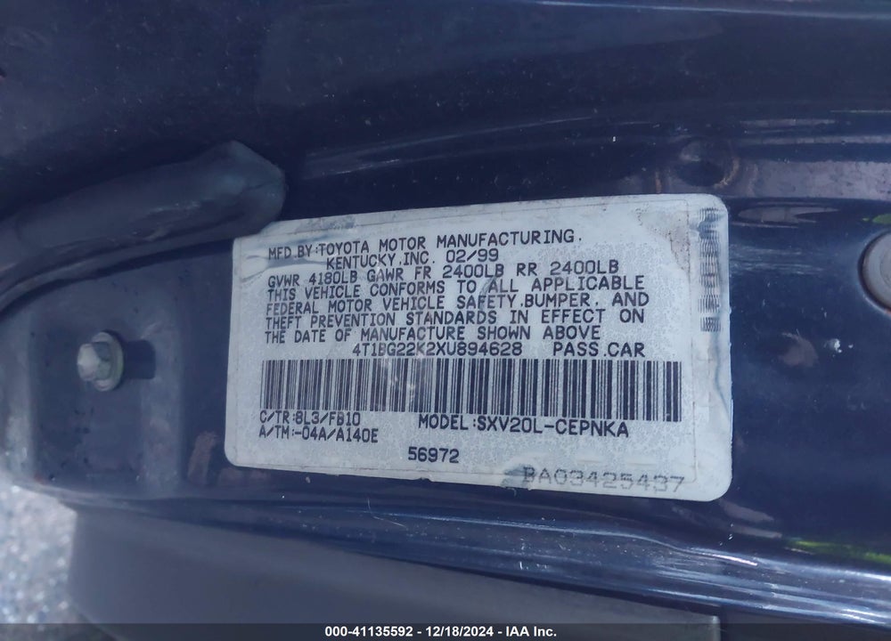 1999 TOYOTA CAMRY LE VIN: 4T1BG22K2XU894628