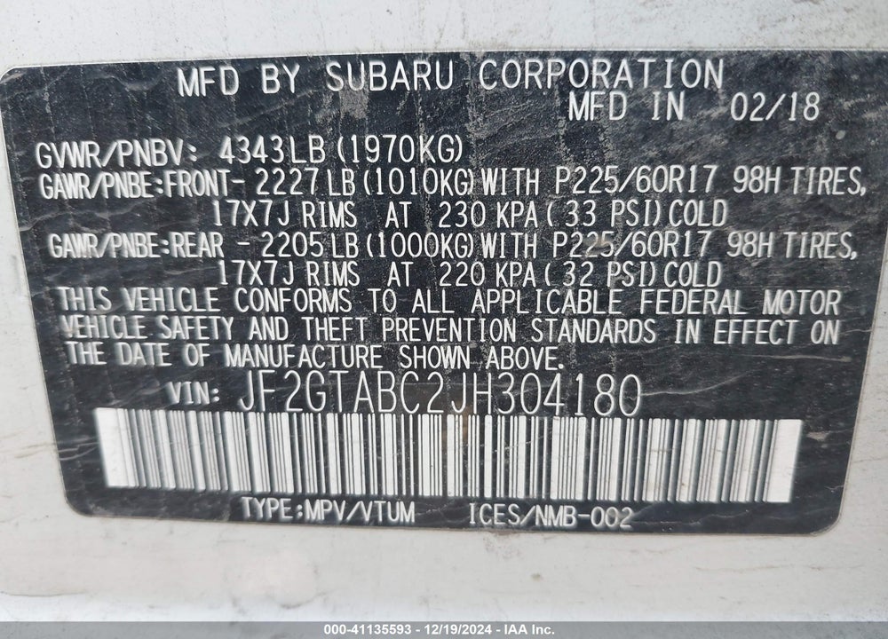 2018 SUBARU CROSSTREK 2.0I PREMIUM VIN: JF2GTABC2JH304180