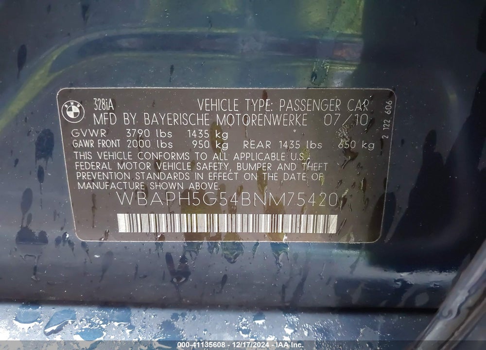 2011 BMW 328I VIN: WBAPH5G54BNM75420
