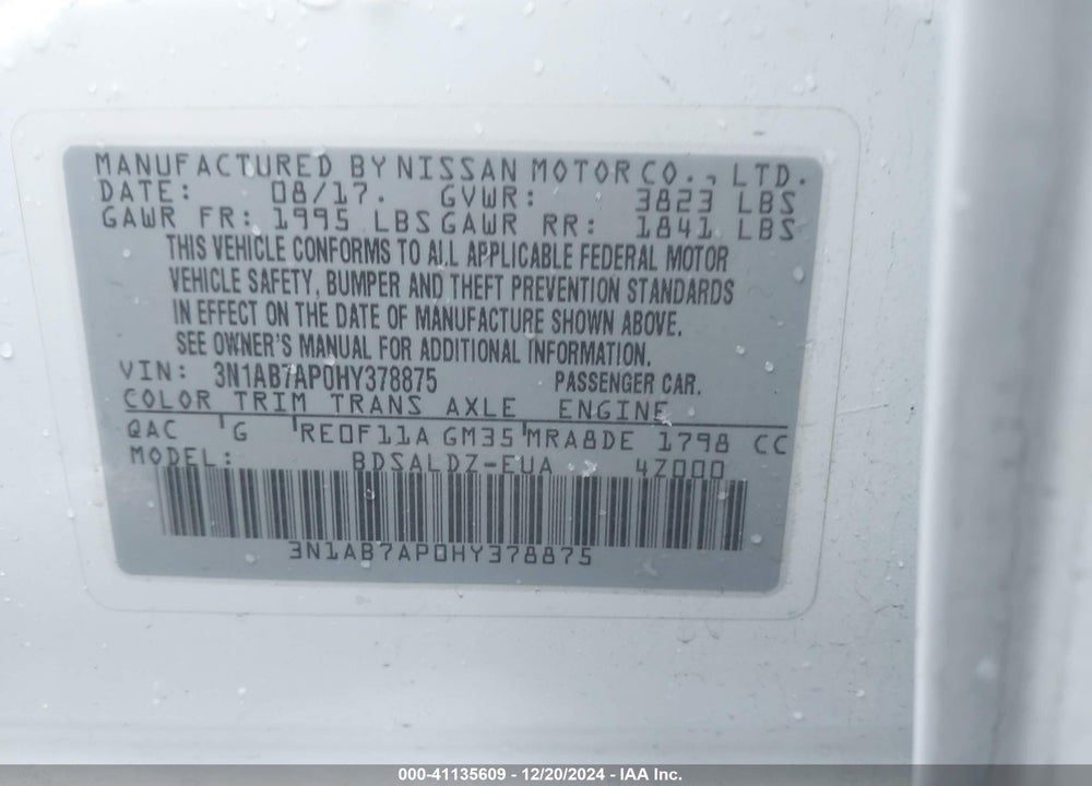 2017 NISSAN SENTRA VIN: 3N1AB7AP0HY378875