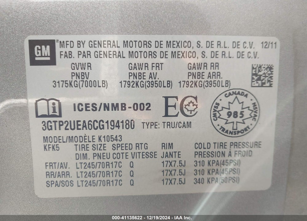 2012 GMC SIERRA 1500 SL VIN: 3GTP2UEA6CG194180