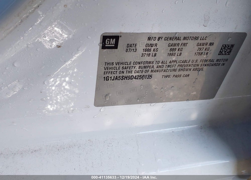 2013 CHEVROLET SONIC LS AUTO VIN: 1G1JA5SH9D4250135