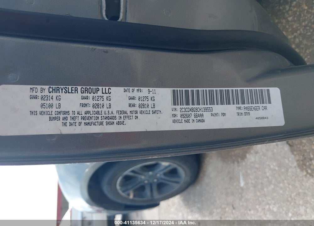 2012 DODGE CHARGER VIN: 2C3CDXBG9CH139553