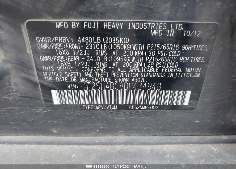 2013 SUBARU FORESTER 2.5X VIN: JF2SHABC8DH434948