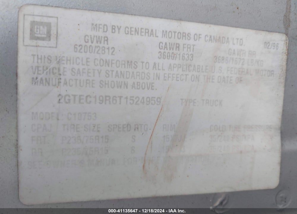 1996 GMC SIERRA C1500 VIN: 2GTEC19R6T1524959