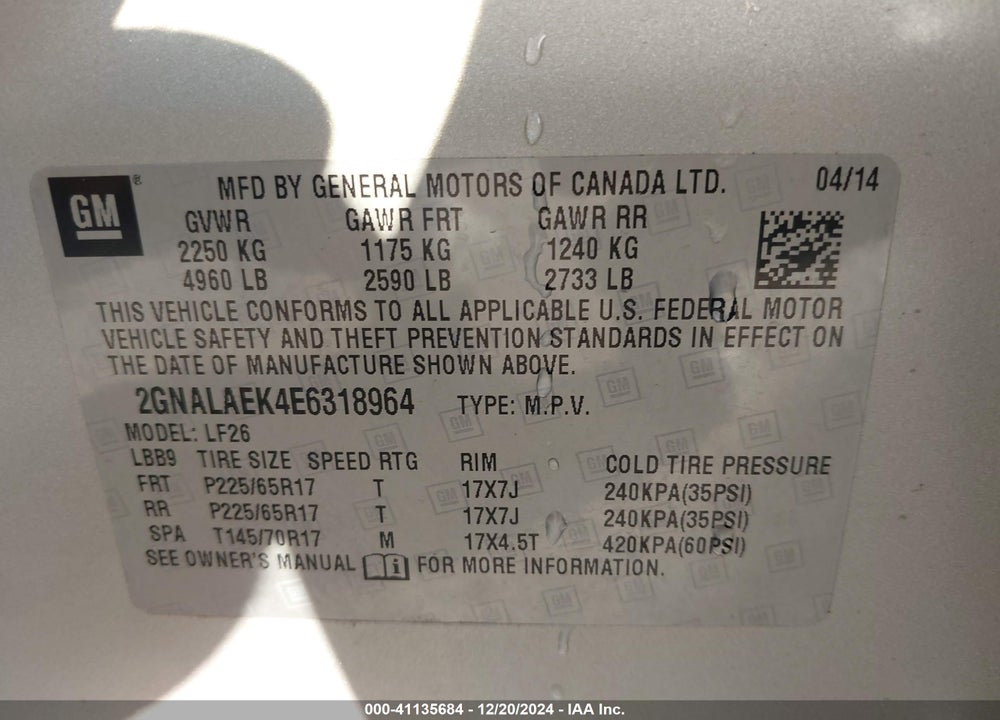 2014 CHEVROLET EQUINOX LS VIN: 2GNALAEK4E6318964