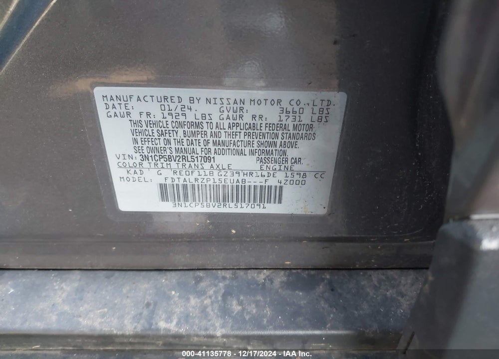 2024 NISSAN KICKS S XTRONIC CVT VIN: 3N1CP5BV2RL517091