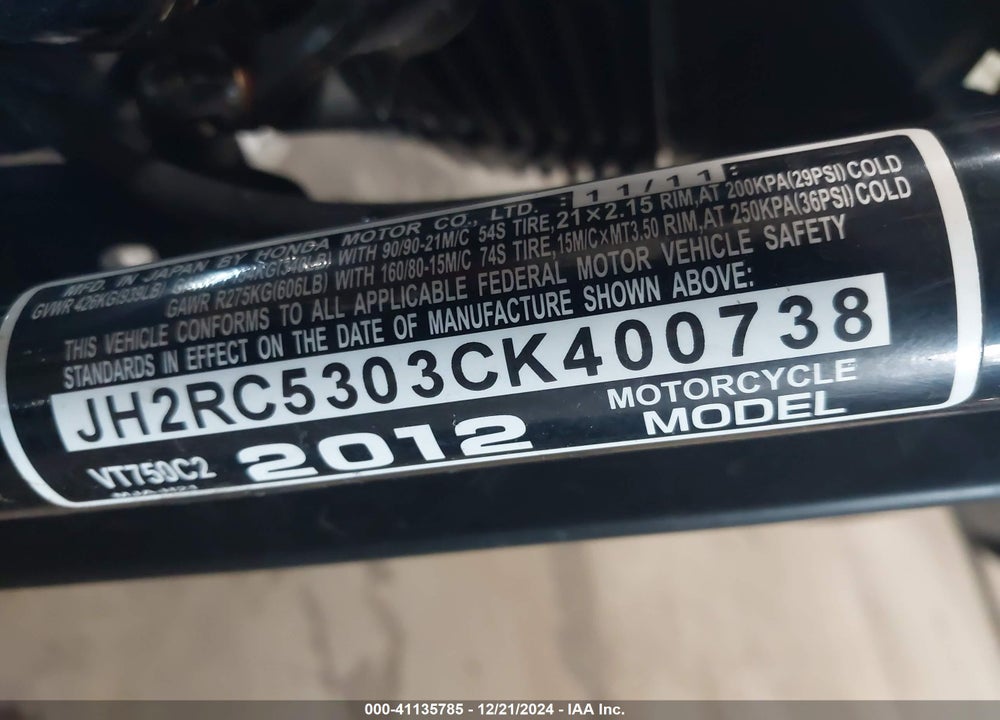 2012 HONDA VT750 C2 VIN: JH2RC5303CK400738