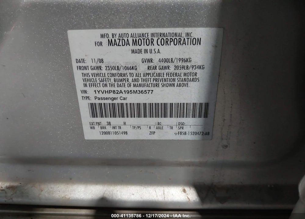 2009 MAZDA 6 I TOURING VIN: 1YVHP82A195M36577