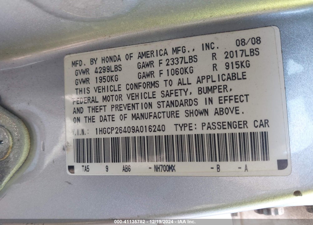 2009 HONDA ACCORD 2.4 LX-P VIN: 1HGCP26409A016240