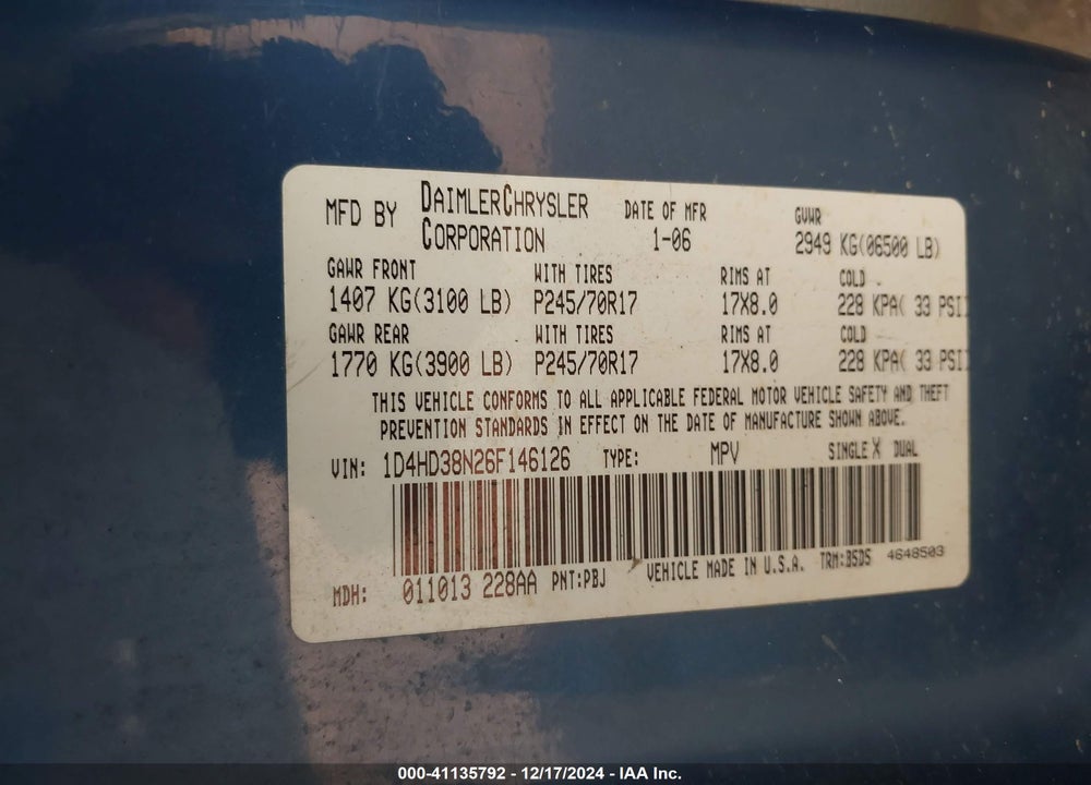 2006 DODGE DURANGO SXT VIN: 1D4HD38N26F146126