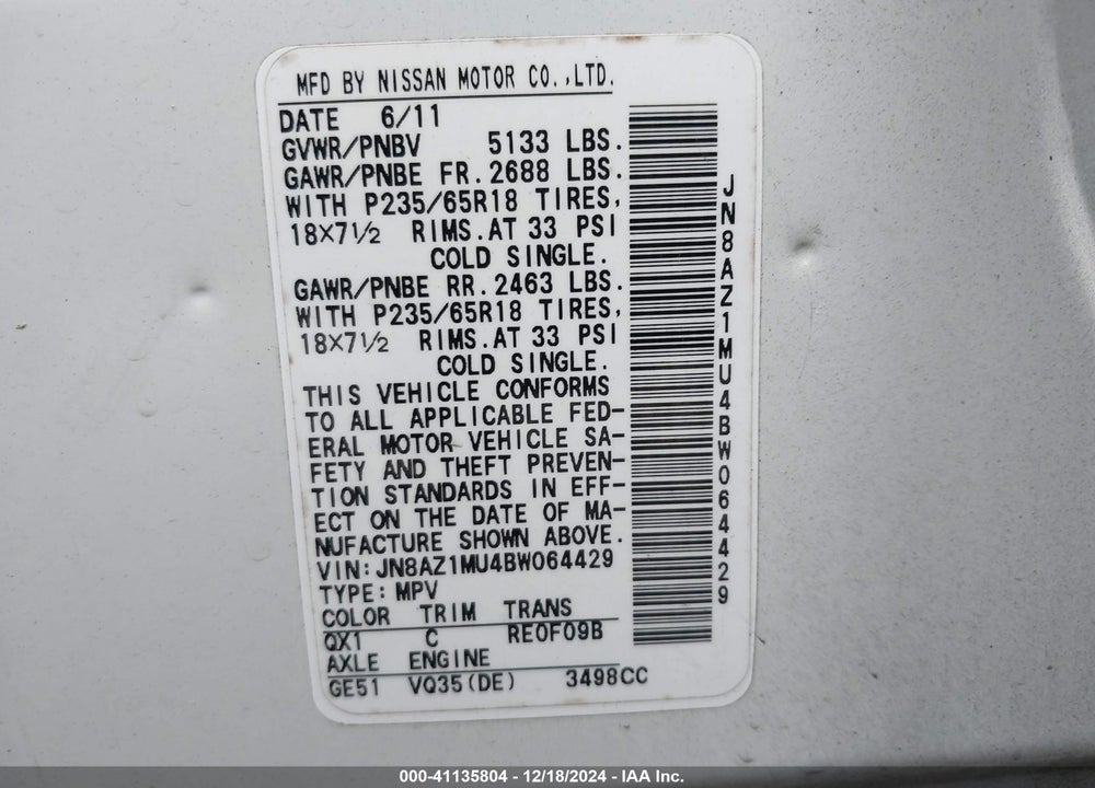 2011 NISSAN MURANO SL VIN: JN8AZ1MU4BW064429