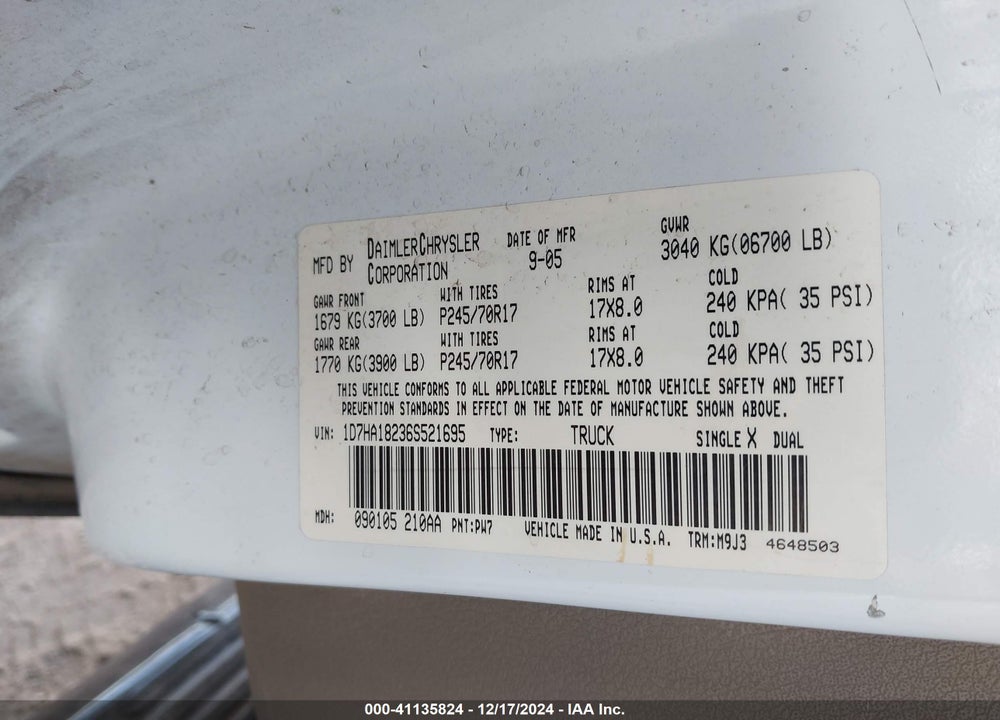 2006 DODGE RAM 1500 VIN: 1D7HA18236S521695