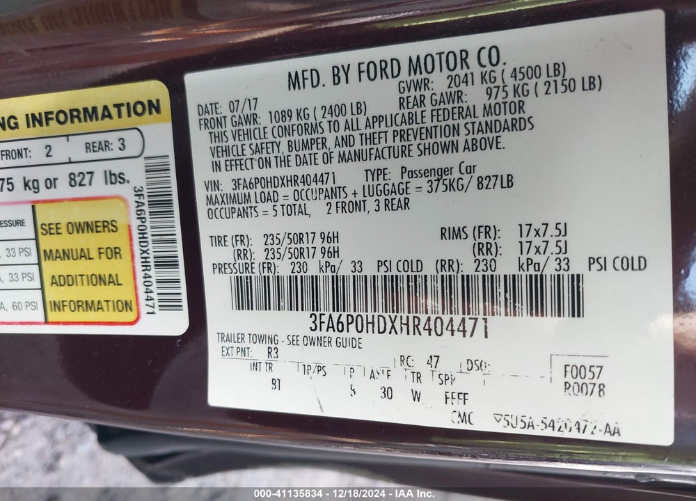 2017 FORD FUSION SE VIN: 3FA6P0HDXHR404471