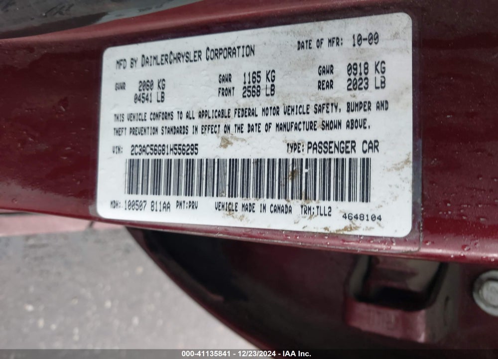 2001 CHRYSLER LHS VIN: 2C3AC56G81H556295