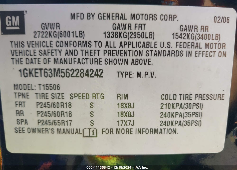 2006 GMC ENVOY DENALI VIN: 1GKET63M562284242