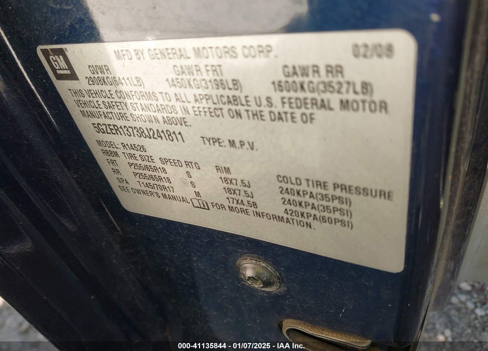 2008 SATURN OUTLOOK XE VIN: 5GZER13738J241811