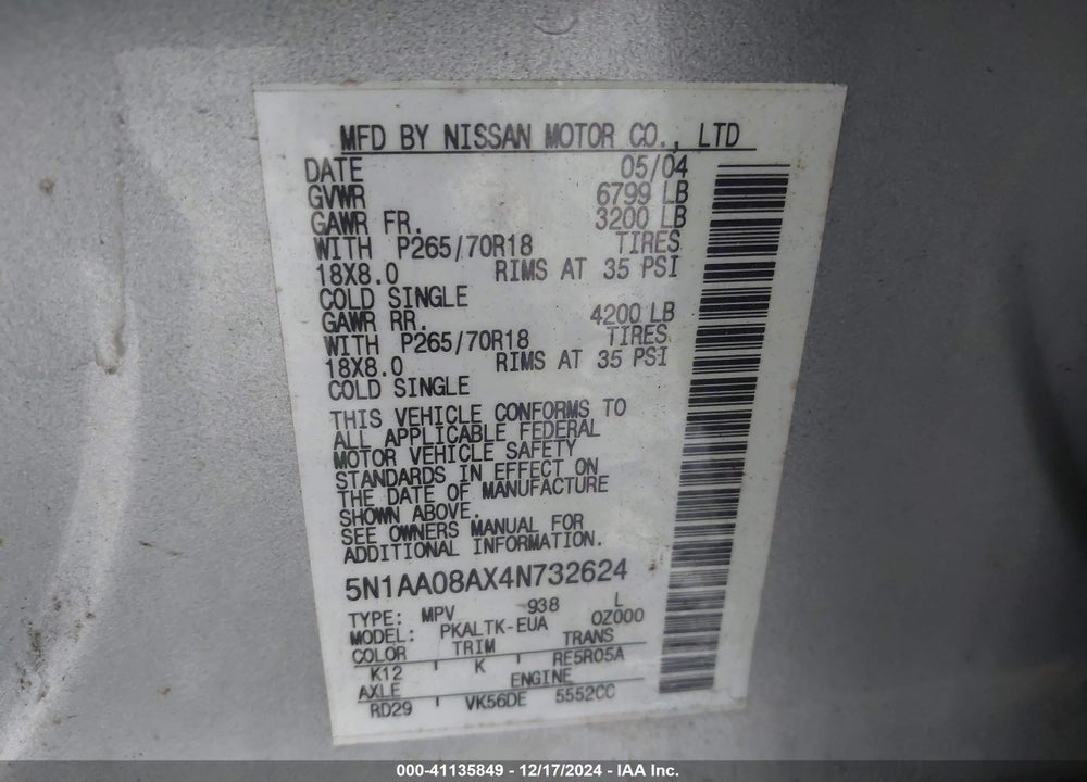 2004 NISSAN PATHFINDER ARMADA SE VIN: 5N1AA08AX4N732624