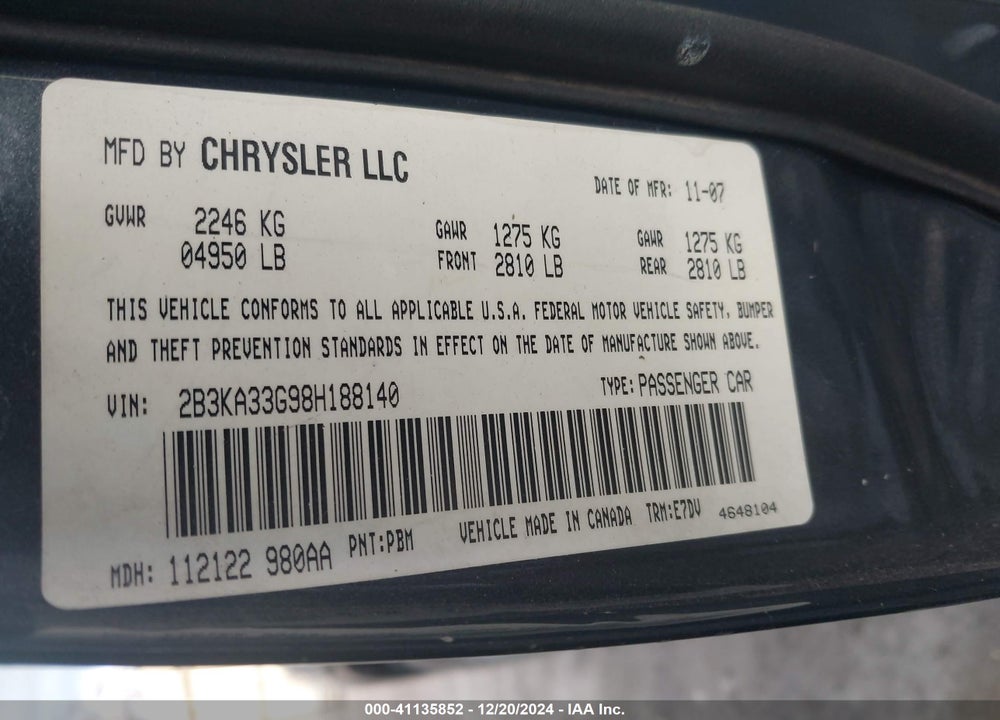 2008 DODGE CHARGER SXT VIN: 2B3KA33G98H188140
