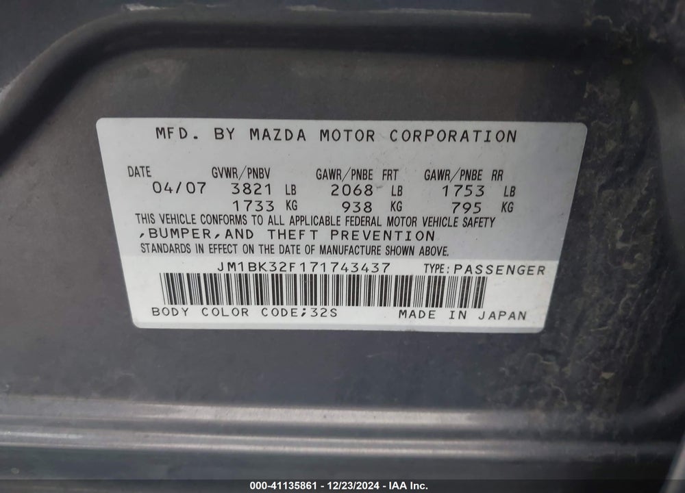 2007 MAZDA 3 I VIN: JM1BK32F171743437