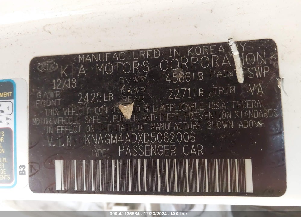 2013 KIA OPTIMA HYBRID LX VIN: KNAGM4ADXD5062006