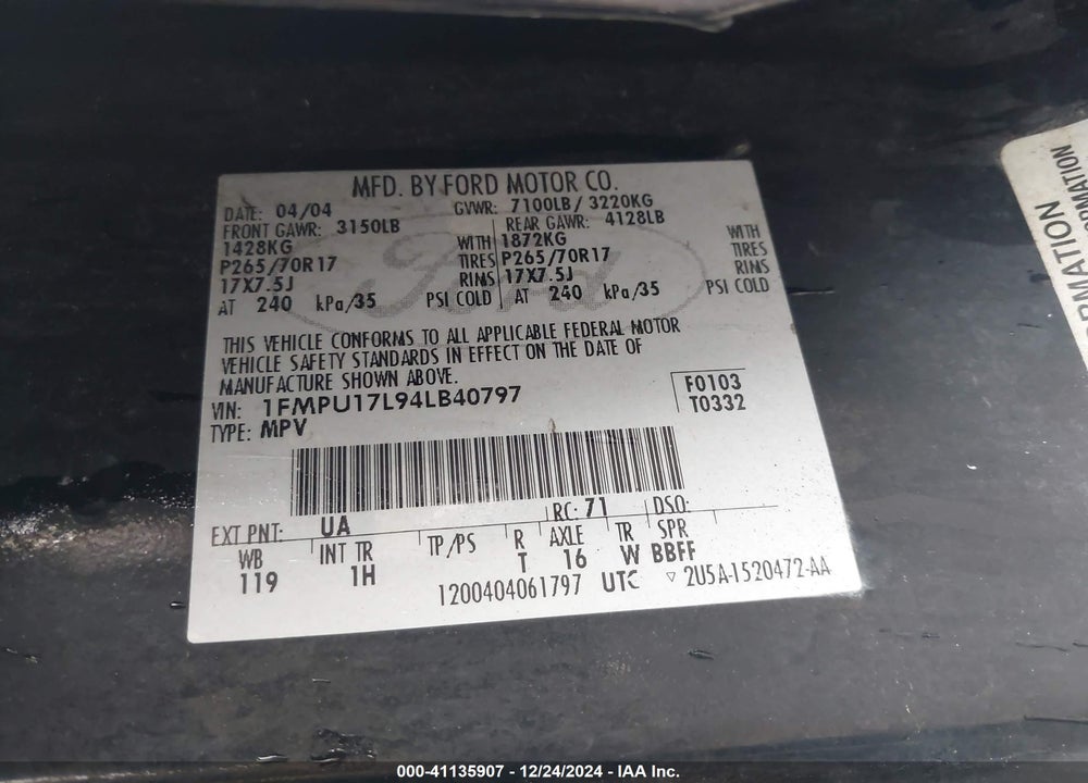 2004 FORD EXPEDITION EDDIE BAUER VIN: 1FMPU17L94LB40797