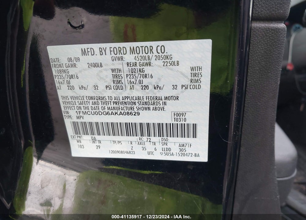 2010 FORD ESCAPE XLT VIN: 1FMCU0DG6AKA08629