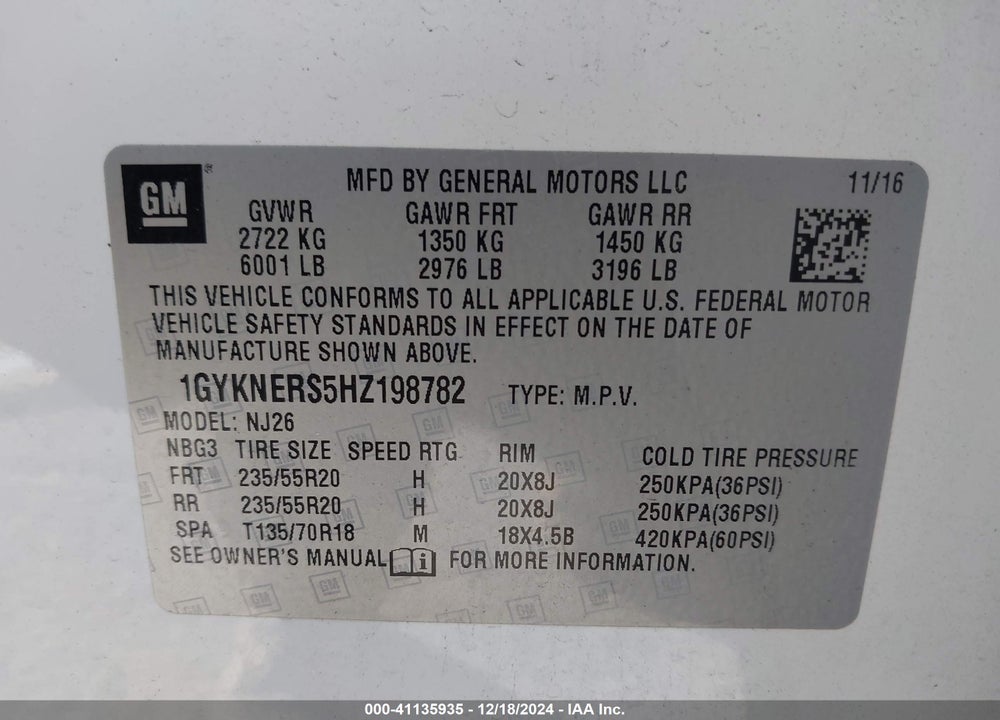2017 CADILLAC XT5 PREMIUM LUXURY VIN: 1GYKNERS5HZ198782