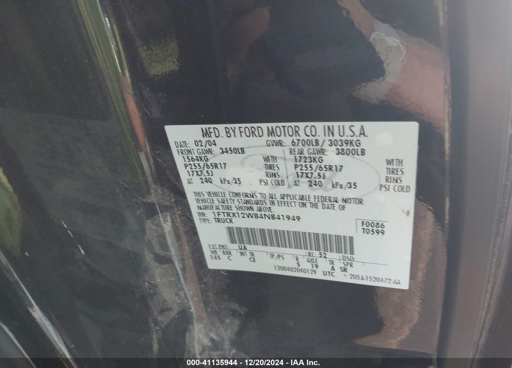 2004 FORD F-150 STX/XL/XLT VIN: 1FTRX12W84NB41949
