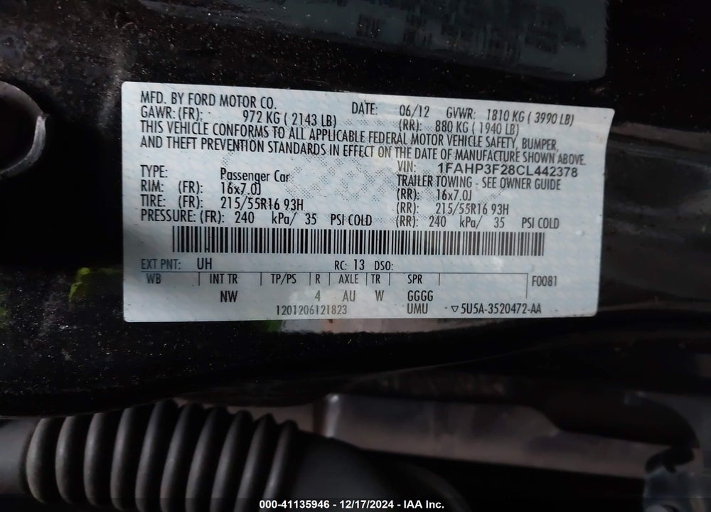 2012 FORD FOCUS SE VIN: 1FAHP3F28CL442378