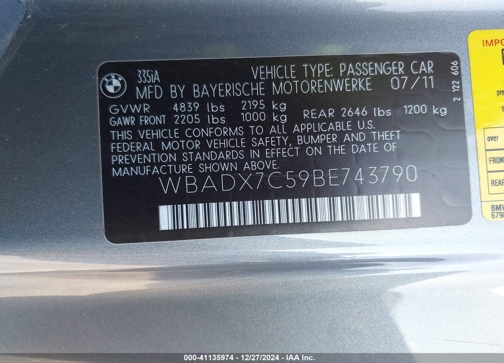 2011 BMW 335I VIN: WBADX7C59BE743790