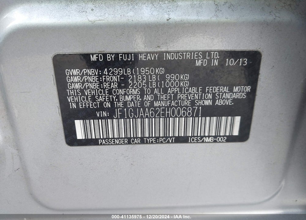 2014 SUBARU IMPREZA 2.0I VIN: JF1GJAA62EH006871