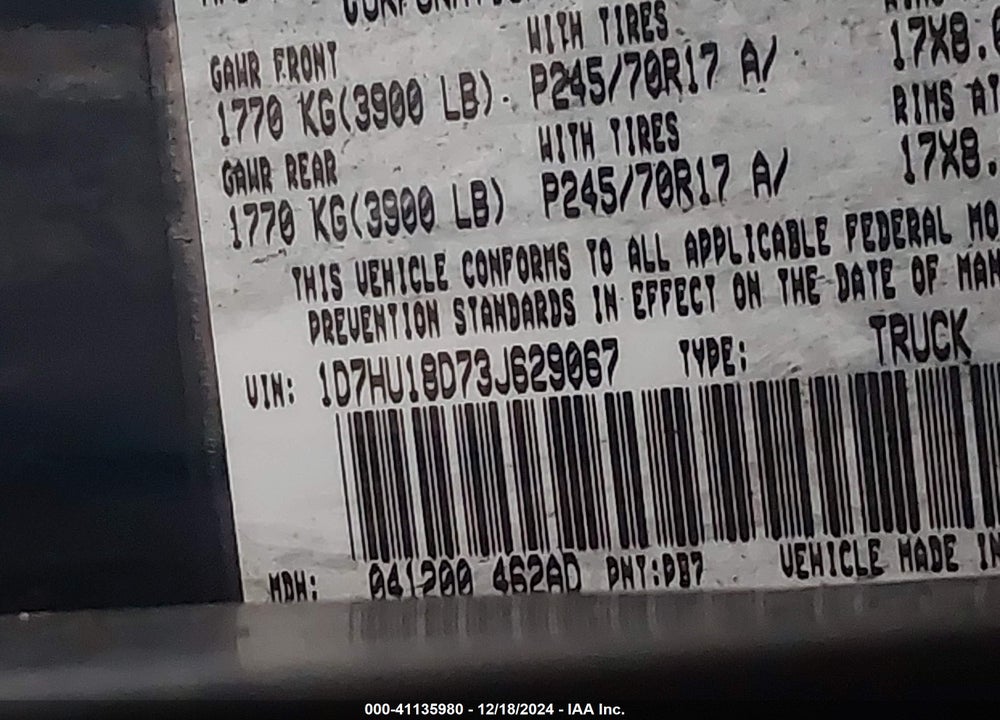 2003 DODGE RAM 1500 SLT/LARAMIE/ST VIN: 1D7HU18D73J629067
