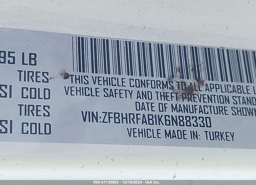 2019 RAM PROMASTER CITY TRADESMAN VIN: ZFBHRFAB1K6N88330