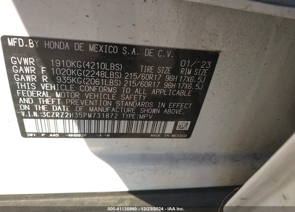 2023 HONDA HR-V AWD LX VIN: 3CZRZ2H35PM731872