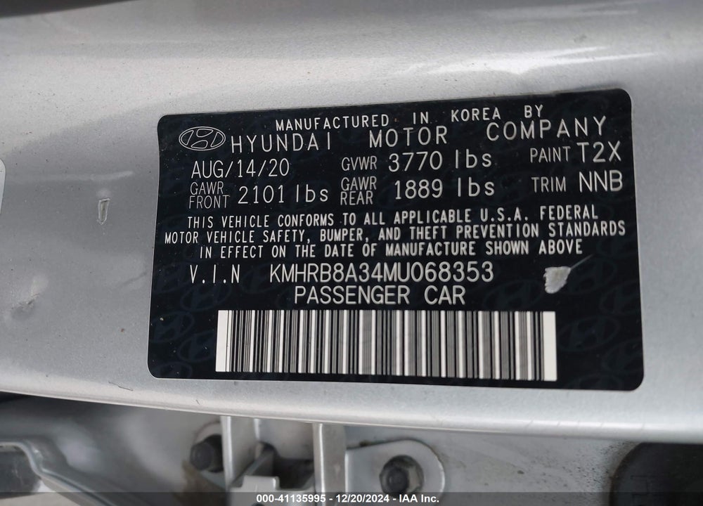 2021 HYUNDAI VENUE SE VIN: KMHRB8A34MU068353