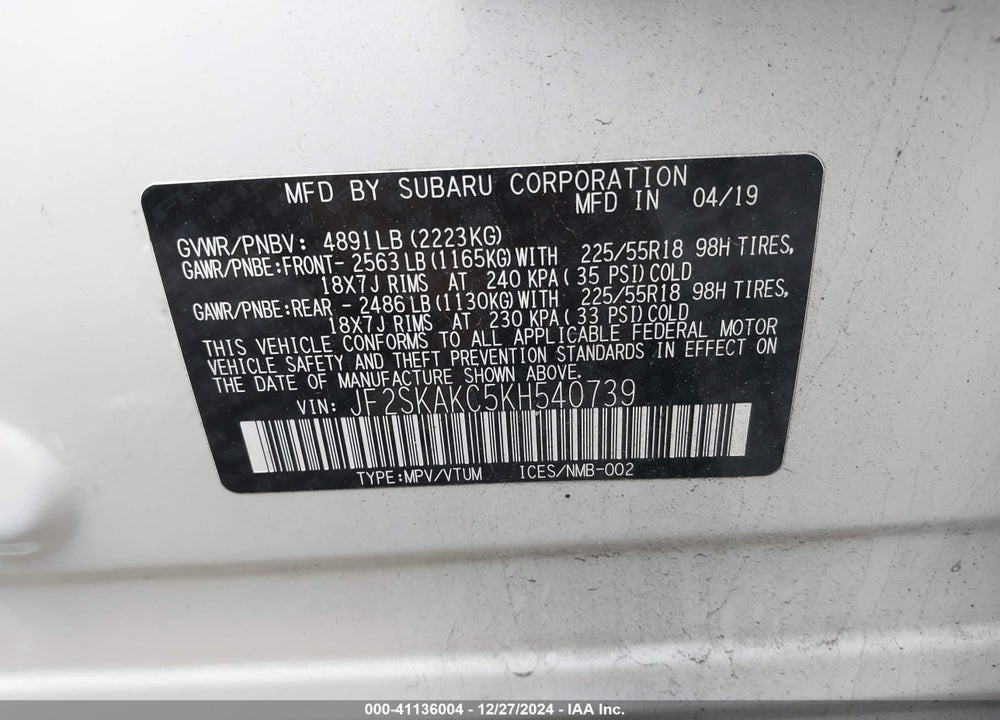 2019 SUBARU FORESTER SPORT VIN: JF2SKAKC5KH540739