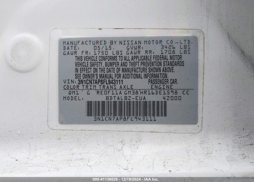 2015 NISSAN VERSA 1.6 S/1.6 S+/1.6 SL/1.6 SV VIN: 3N1CN7AP8FL943111