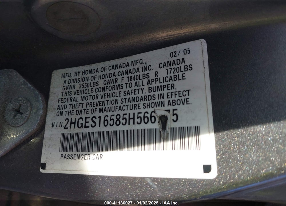 2005 HONDA CIVIC LX VIN: 2HGES16585H566775