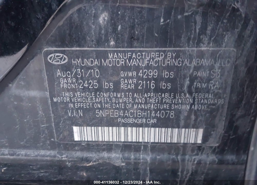 2011 HYUNDAI SONATA GLS VIN: 5NPEB4AC1BH144078