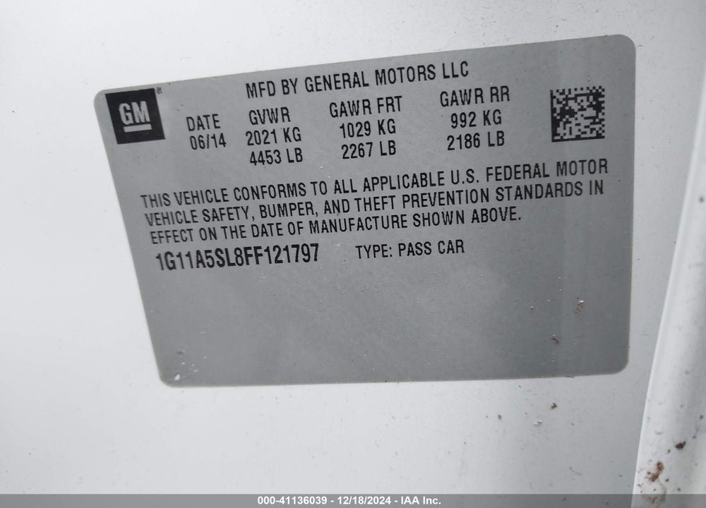 2015 CHEVROLET MALIBU 1FL VIN: 1G11A5SL8FF121797