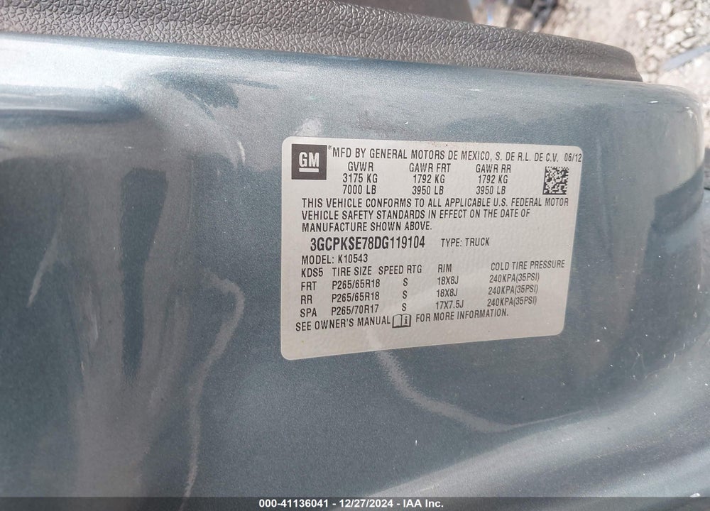 2013 CHEVROLET SILVERADO VIN: 3GCPKSE78DG119104