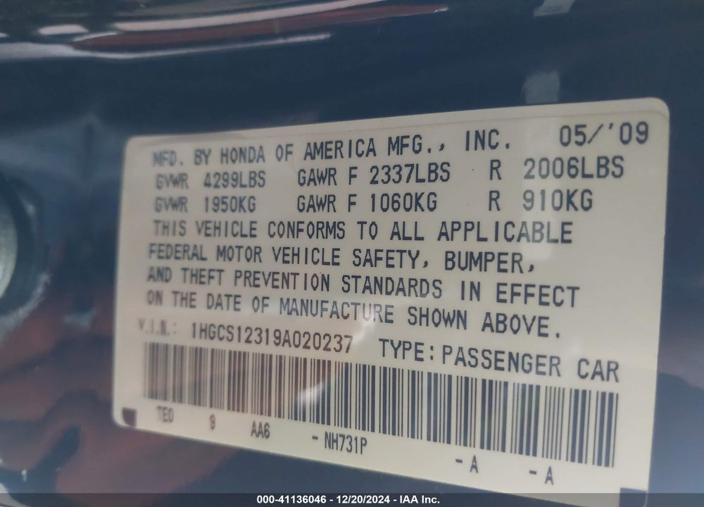 2009 HONDA ACCORD 2.4 LX-S VIN: 1HGCS12319A020237